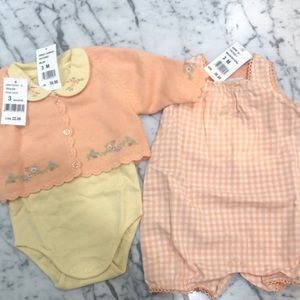 JACADI 3 MO. GIRL 3 PIECE SET. NWT! EMBROIDERED ONSIE, CARDIGAN GINGHAM ROMPER!